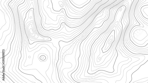 The stylized height of the topographic contour in lines and contours. Сoncept of a conditional geography scheme and the terrain path. Black stroke on light background. Wide size. Vector illustration.