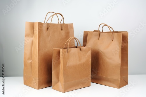Paper bag mockups of shopping, gifts and food packages realistic vector design. White, brown and black bags or boxes, made of craft paper or cardboard with cord handle. Generative Ai.