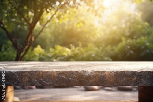 serene stone bench in the midst of a lush forest. Generative AI