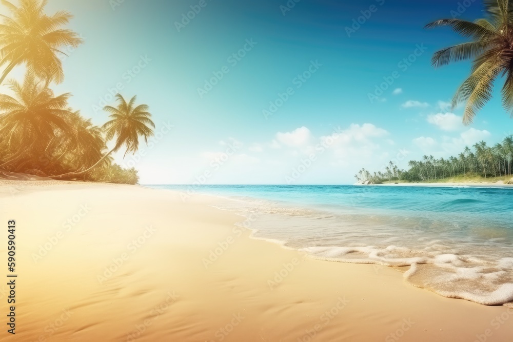 serene tropical beach with crystal clear blue water and lush palm trees. Generative AI