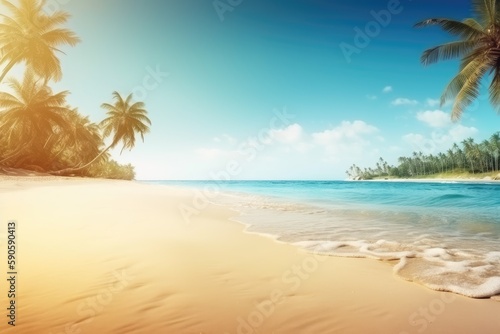 serene tropical beach with crystal clear blue water and lush palm trees. Generative AI