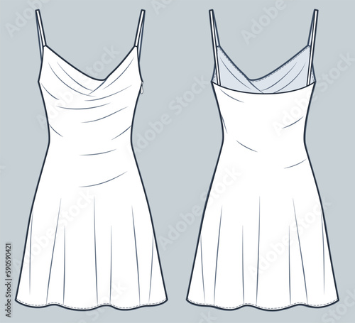 Mini Slip Dress technical fashion illustration. Strap Dress fashion flat technical drawing template, side zip-up, front and back view, white color, women CAD mockup.