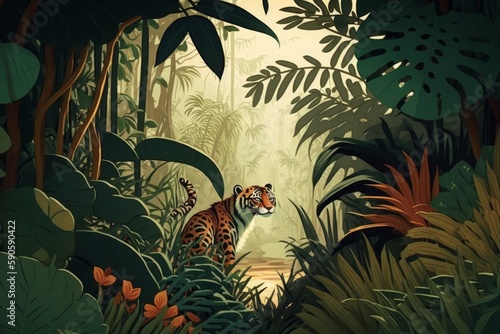 Tiger in the jungle. Illustration of a tiger in the jungle. Generative AI
