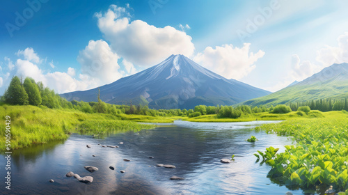Landscape with Mount Fuji in a distance. Generative AI