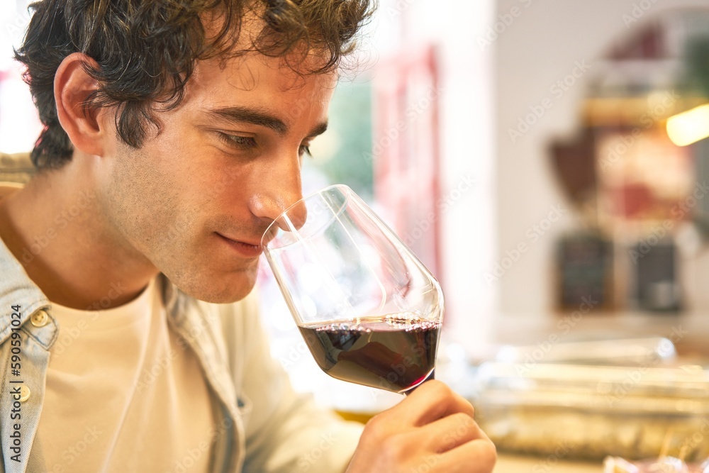 Young man enjoys wine tasting at bar counter. Young man enjoys wine tasting at bar counter.