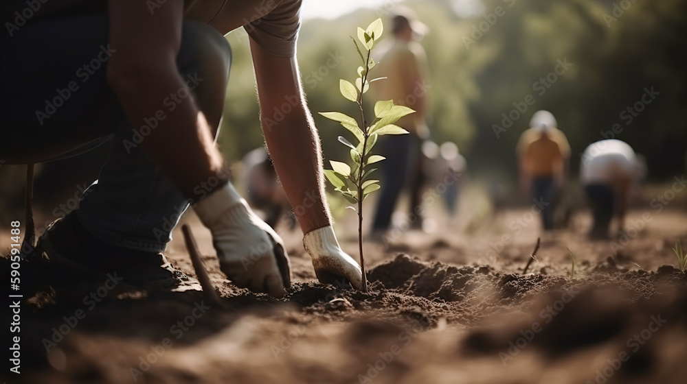 People planting trees or working in community garden close up. AI generated - obrazy, fototapety, plakaty 