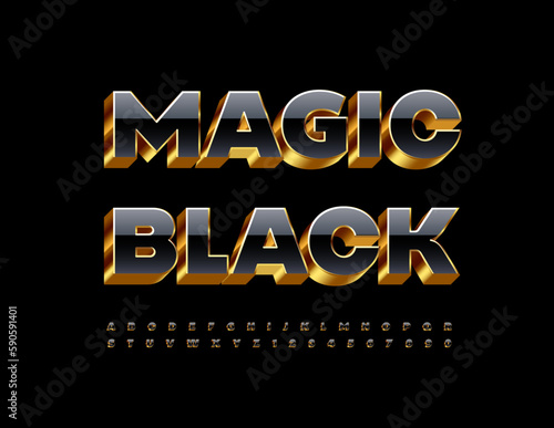 Vector Magic Black and gold Alphabet. 3D luxury Font. Set of chic shiny Letters and Numbers