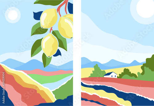 Simple farm landscape banner set with branch of lemon fruit. Liflet, cover, invitation, interior poster, davertising material. Modern abstract. Minimalistic shapes.