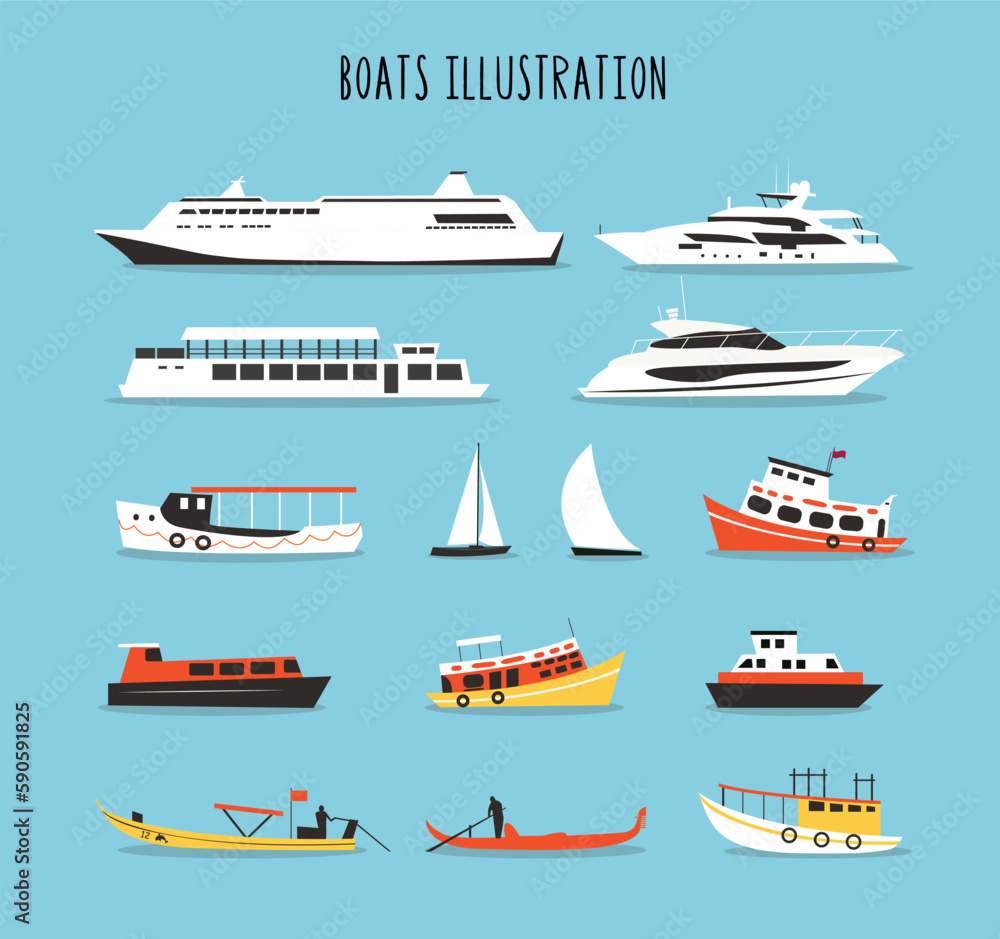 Set of boats, ships, yachts in bright colors. Set of boats, ships, yachts in bright colors.