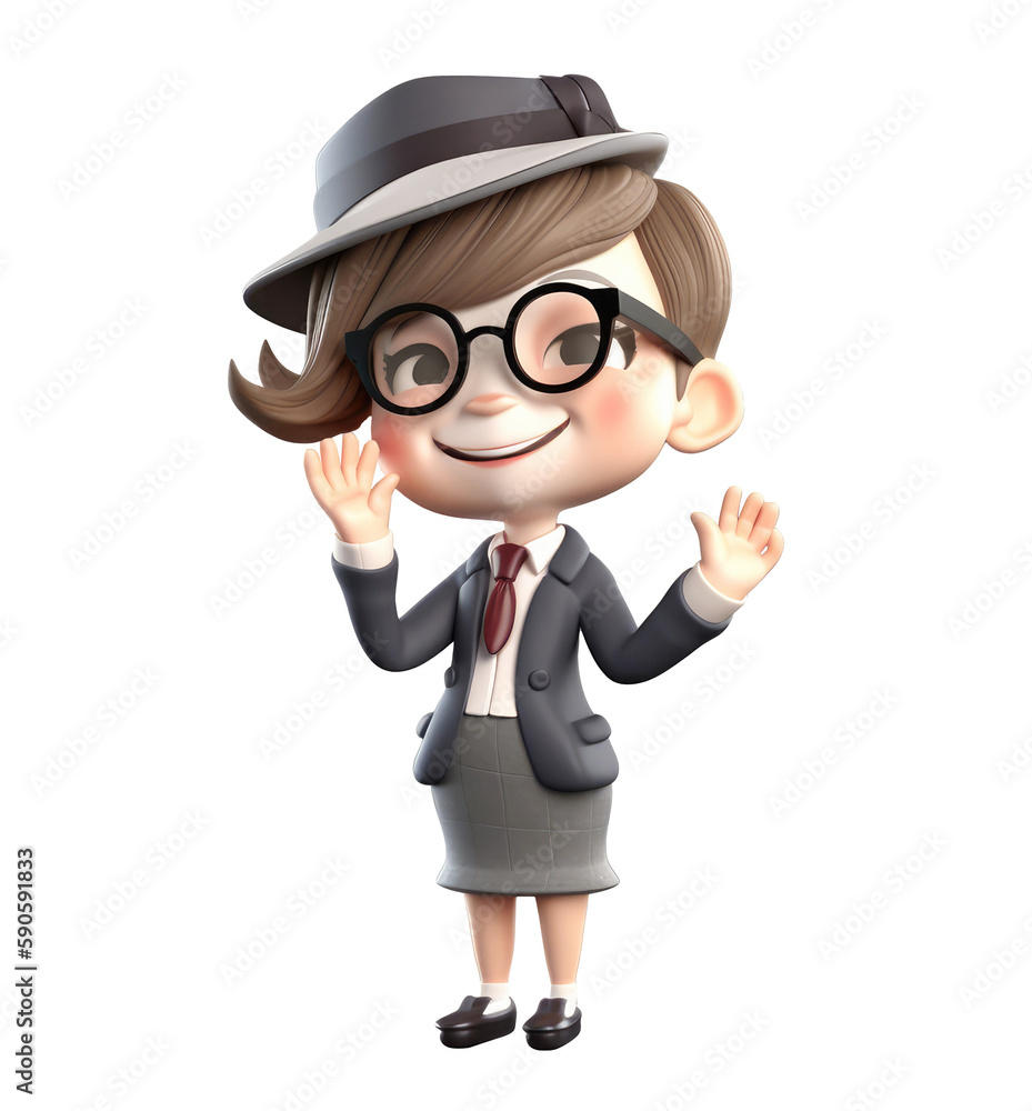 3d icon cute Young smiling business woman or office worker stands and holds work documents folder. people character illustration. Cartoon minimal style on Isolated Transparent png background. Generati