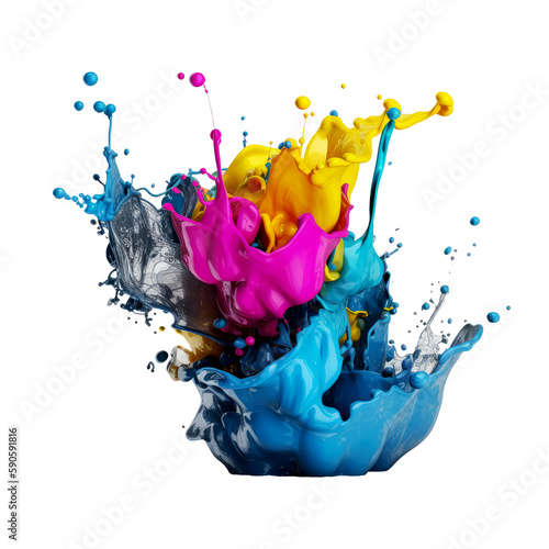 Splash of CMYK paint splashing Cyan, Magenta, Yellow, Black isolated background transparent png. Generative ai photo