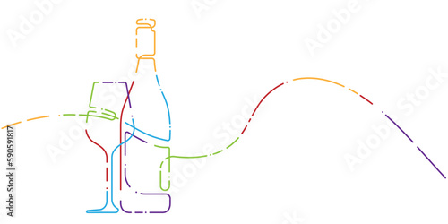 Alcoholic drink drawing.Wine bottle with glass.One line drawing.Vector illustration.