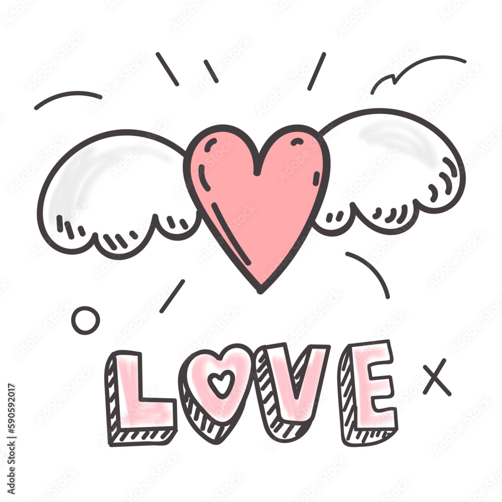 Winged heart and lettering Love... Romantic doodle design for Valentines day, greeting card, symbols, icon