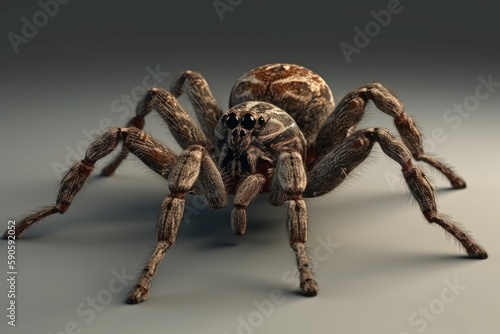 close-up view of a spider on a neutral gray background. Generative AI