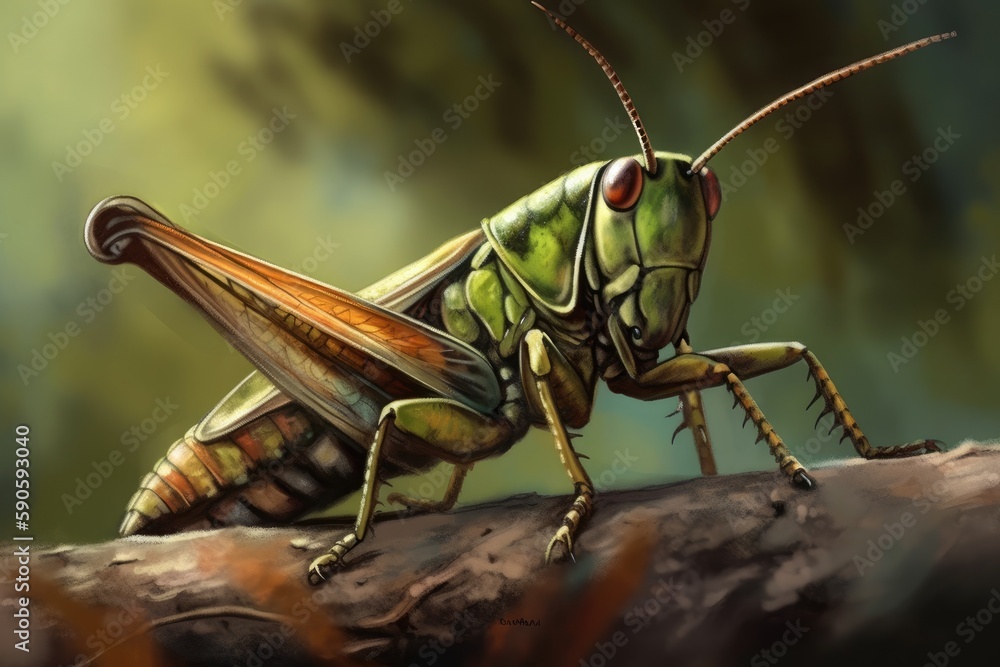 detailed close-up of a grasshopper perched on a branch. Generative AI detailed close-up of a grasshopper perched on a branch. Generative AI