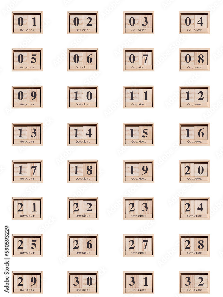 Wooden calendar, set of dates for the month of October 01-32, png on a transparent background, white, close-up Wooden calendar, set of dates for the month of October 01-32, png on a transparent background, white, close-up