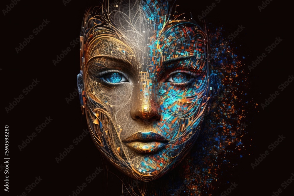 Abstract 3d illustration of a female face combined with digital elements