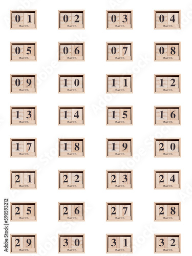 Wooden calendar, set of dates for the month of March 01-32, png on a transparent background, white, close-up photo