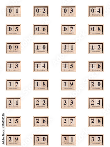 Wooden calendar, set of dates for the month of December 01-32, png on a transparent background, white, close-up photo