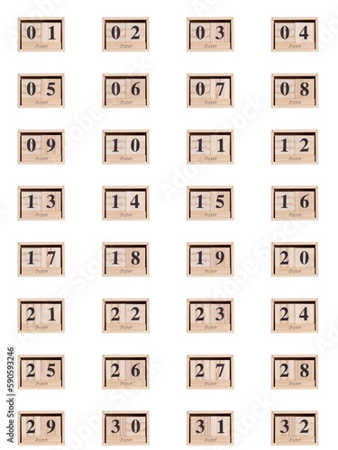 Wooden calendar, set of dates for the month of June 01-32, png on a transparent background, white, close-up photo