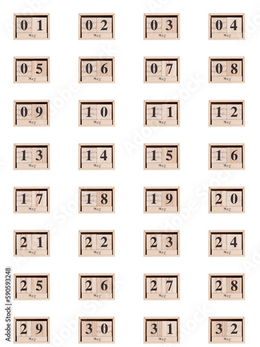 Wooden calendar, set of dates for the month of May 01-32, png on a transparent background, white, close-up photo