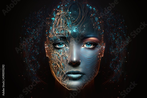 Female cyborg face with digital wireframe