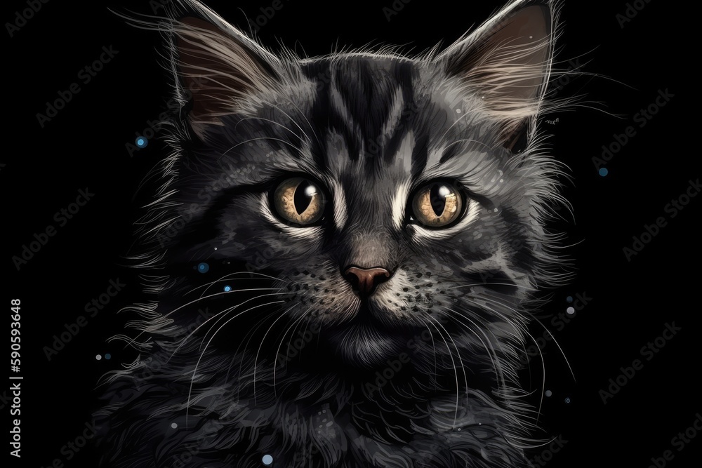 close-up of a cat's face on a black background. Generative AI