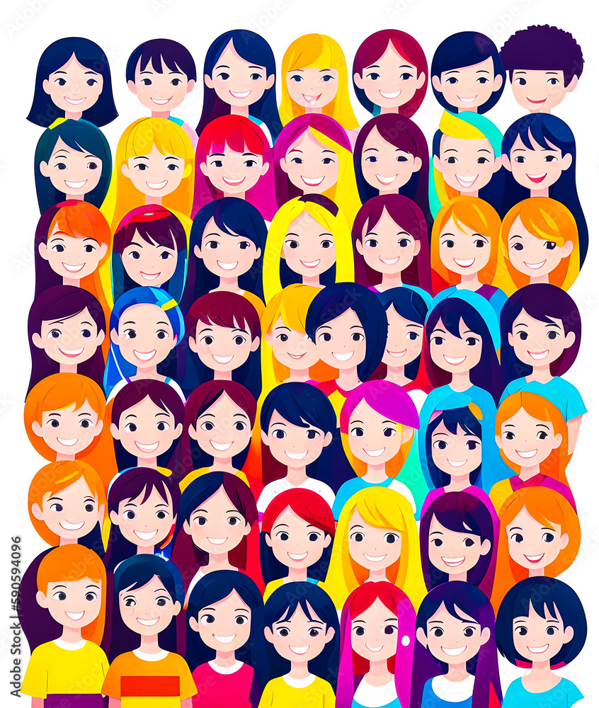 Illustration in vector a group of girls, hair of different colors, women's solidarity. 2d. friendship of Peoples. school. smiles. Illustration in vector a group of girls, hair of different colors, women's solidarity. 2d. friendship of Peoples. school. smiles.