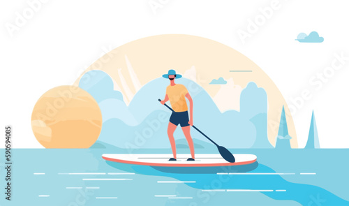 Woman stand-up paddling on a lake, with the sun setting in the background and reflections of the on a paddleboard and trees on the water. Flat vector summer watersport concept. Gadget-free vacation photo