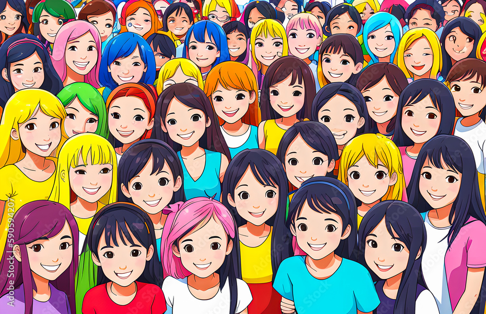 Illustration in vector a group of girls, hair of different colors, women's solidarity. 2d. friendship of Peoples. school. smiles. Illustration in vector a group of girls, hair of different colors, women's solidarity. 2d. friendship of Peoples. school. smiles.