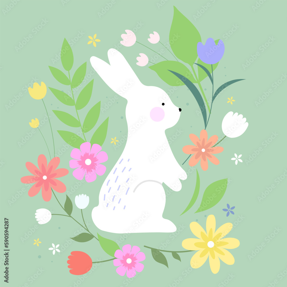 Obraz premium Cheerful bunny with a floral background. Easter card.
