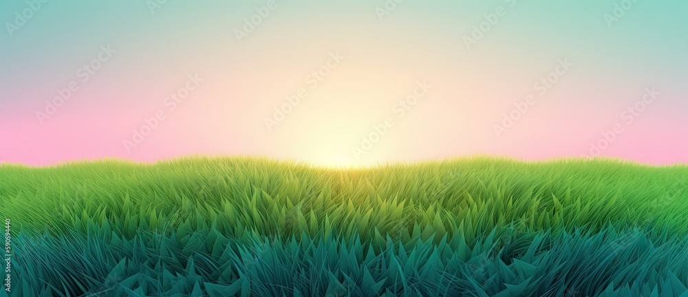 Fields and pastures with lush green grass, under sunny blue skies of summer. Background is serene. Generative AI