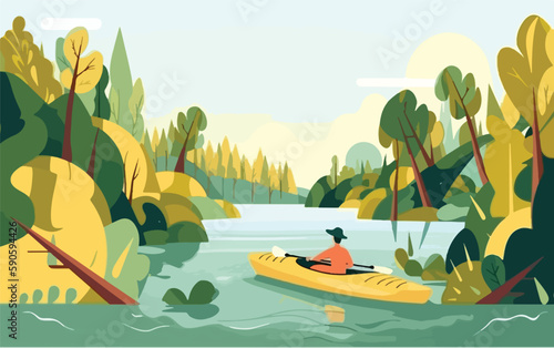 Person kayaking in a peaceful river, surrounded by lush greenery and the sounds of nature. Flat vector summer watersport illustration concept. Gadget-free vacation. Generative AI
