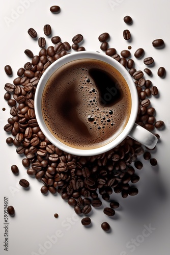 A cup of coffee seen from above with coffee grains around, Generative AI