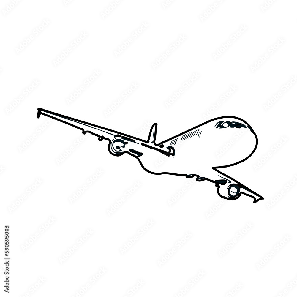 airplane black and white sketch with transparent background
