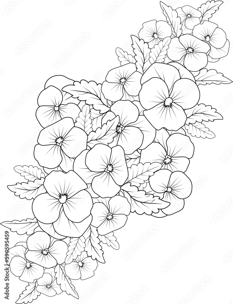 Pansy flower tattoo, black and white vector sketch illustration of floral ornament bouquet of
