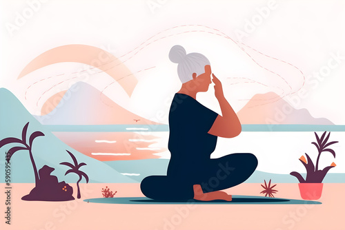 Wallpaper Mural Flat vector illustration Elderly woman stretching her braids by the sea in the morning. Senior woman doing yoga near the beach. Torontodigital.ca