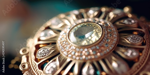 Closeup of decorative jewelry broach. Antique, luxury, diamond and gold ring. Jewels, gems, sparkle background. Vintage.	