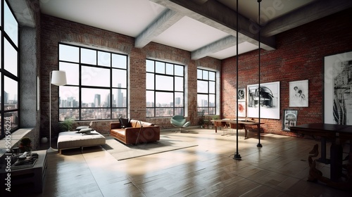 Loft style apartment interior, generative AI © Hdi