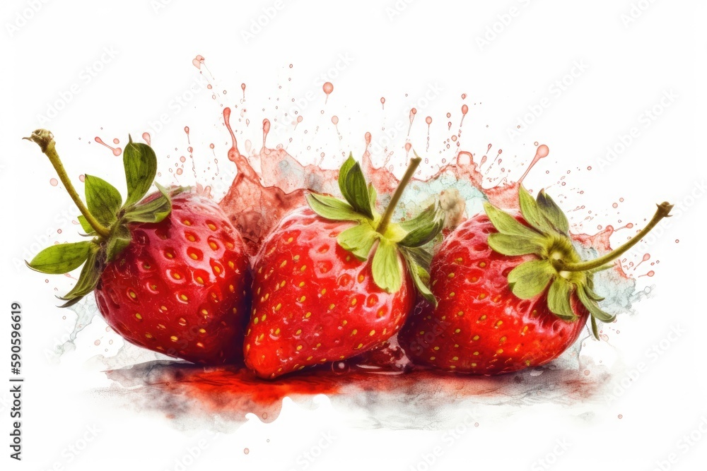 three ripe strawberries bursting with sweet red juice. Generative AI