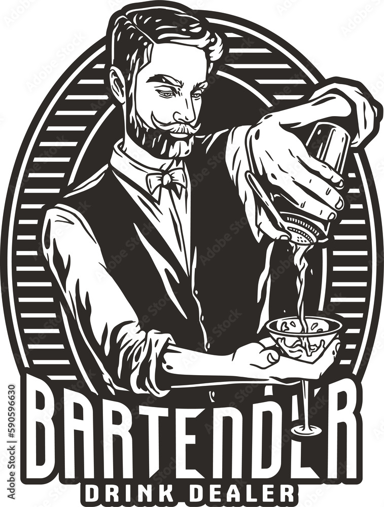 Barman with shaker and martini for bartending. Barkeepr or bartender with beard and mustache for cocktail bar.
