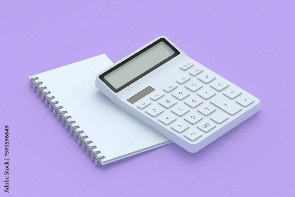 Calculator and blank paper notebook. Back to school concept. Office supplies. Financial crisis. Home, family budget. Higher education. 3d render Calculator and blank paper notebook. Back to school concept. Office supplies. Financial crisis. Home, family budget. Higher education. 3d render