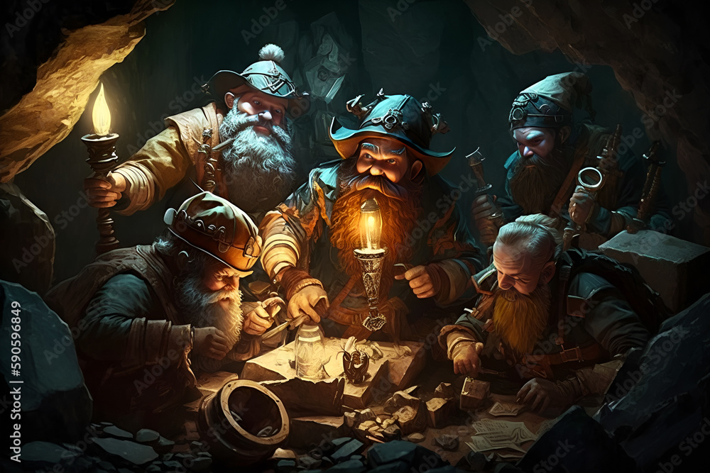 Dwarves Fantasy A group of dwarves mining for precious gems in an