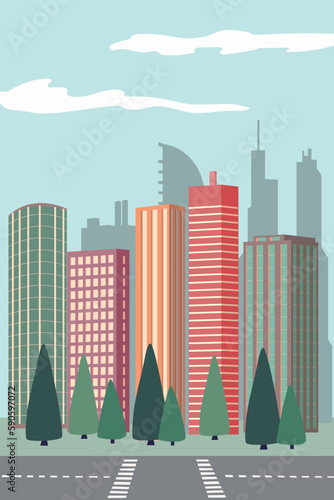 Vertical urban landscape with skyscrapers, road and trees 