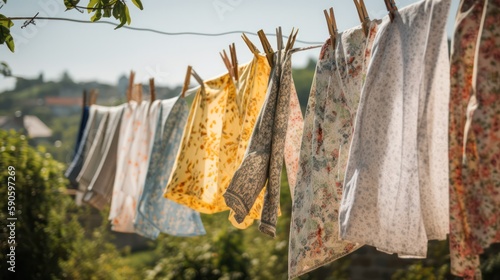 washed clothes hanging on a clothesline in the street on a sunny day. Washday. Generative AI photo