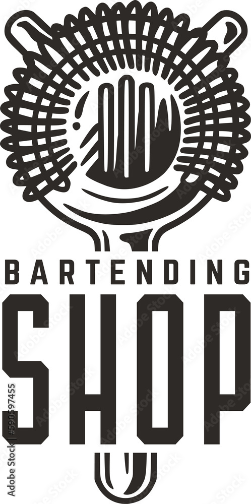 Bartending logo with strainer for shop or store. Bartender design with chromed metal equipment or cocktail bar tool for barman. Bartending logo with strainer for shop or store. Bartender design with chromed metal equipment or cocktail bar tool for barman.