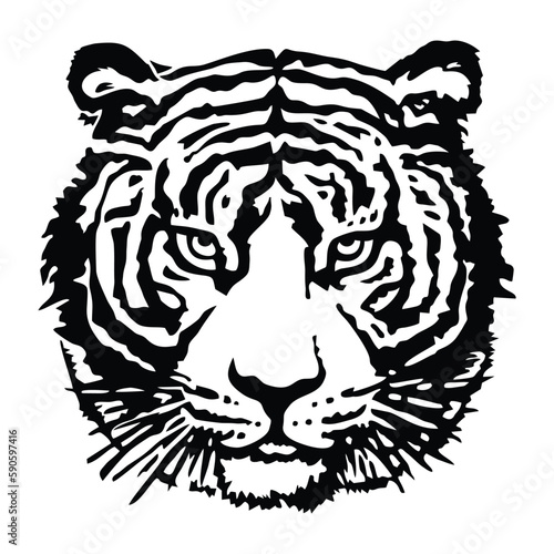 Fototapeta Naklejka Na Ścianę i Meble -  Vector illustration isolated on white. Tiger muzzle in stencil style. The calm tiger looks at us.