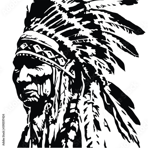 An old chief of an American Indian tribe. Vector illustration isolated on white. Indian headdress rave. Stencil image of an elderly American Indian.