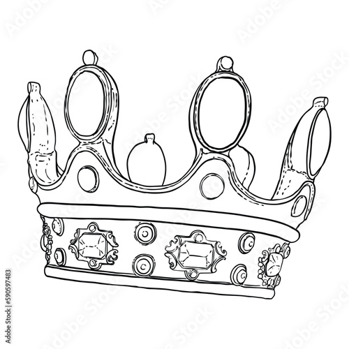 Coronation crown for king or queen. Symbolic religious ceremony while sovereign is crowned to monarch's head with crown. Monarch is the head of the Church of England with title and powers.