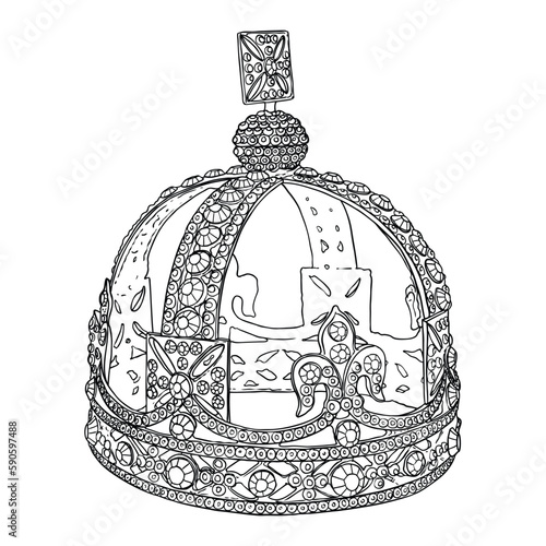 King or Queen crown.  Monarch coronations with Coronet Jewel represent United Kingdom constitutional responsible government and sovereignty or authority of the monarch. State Crown made of gold.